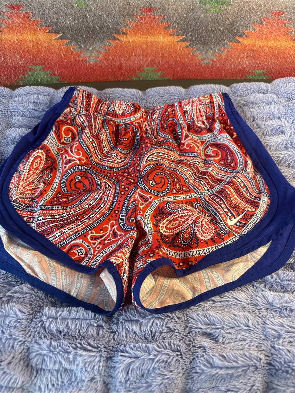 Nike Women's Athletic Shorts - Red Paisley with Blue Trim